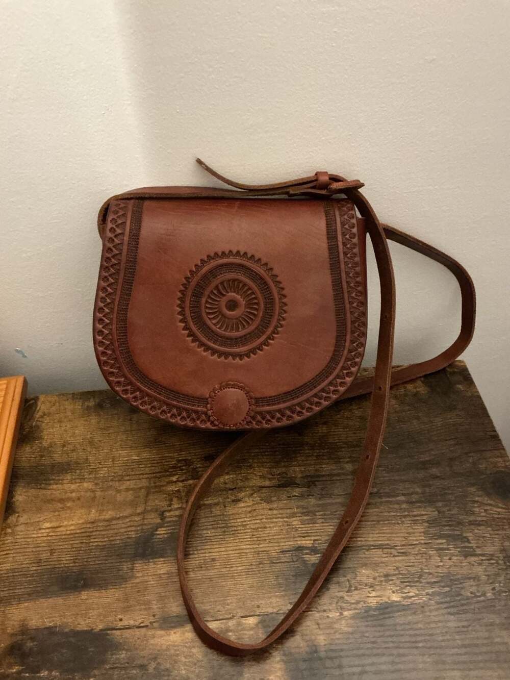 Vintage Handmade Tooled Mexican Leather Saddle Crossbody Bag